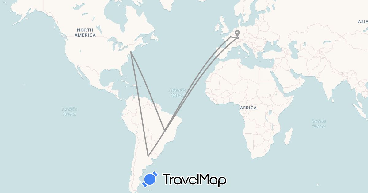 TravelMap itinerary: driving, plane in Argentina, Brazil, France, United States (Europe, North America, South America)